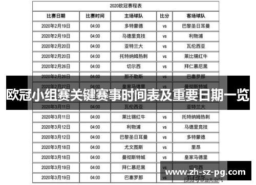 欧冠小组赛关键赛事时间表及重要日期一览