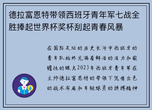 德拉富恩特带领西班牙青年军七战全胜捧起世界杯奖杯刮起青春风暴 德拉富恩特带领西班牙青年军七战全胜捧起世界杯奖杯刮起青春风暴
